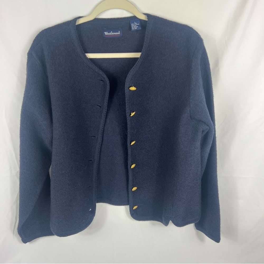 Westbound Navy Blue 100% Wool Cardigan with Gold Buttons - Picture 4 of 7
